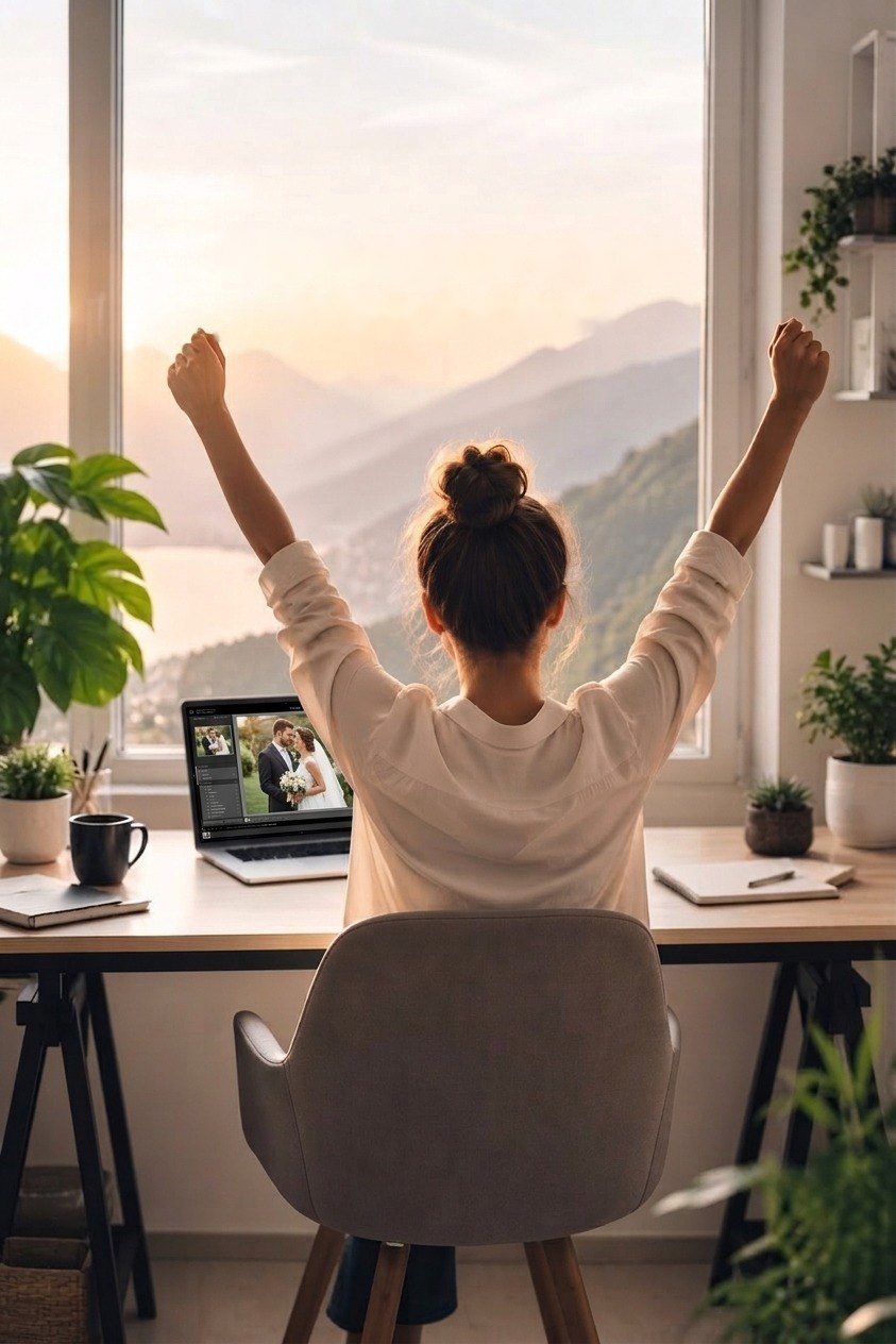 A photographer at her desk throwing her arms up in celebration, a finished wedding edit open in Lightroom on her laptop